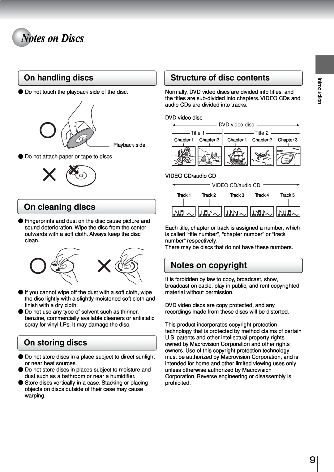 Toshiba SD-240ESE Notes on Discs, On handling discs, On cleaning discs, Structure of disc contents, Notes on copyright 