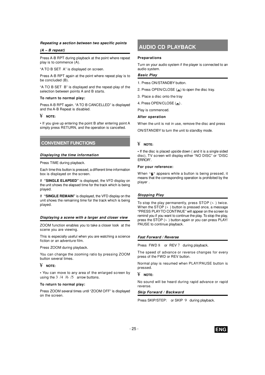 Toshiba SD-260E ES manual Audio CD Playback, Repeating a section between two specific points 