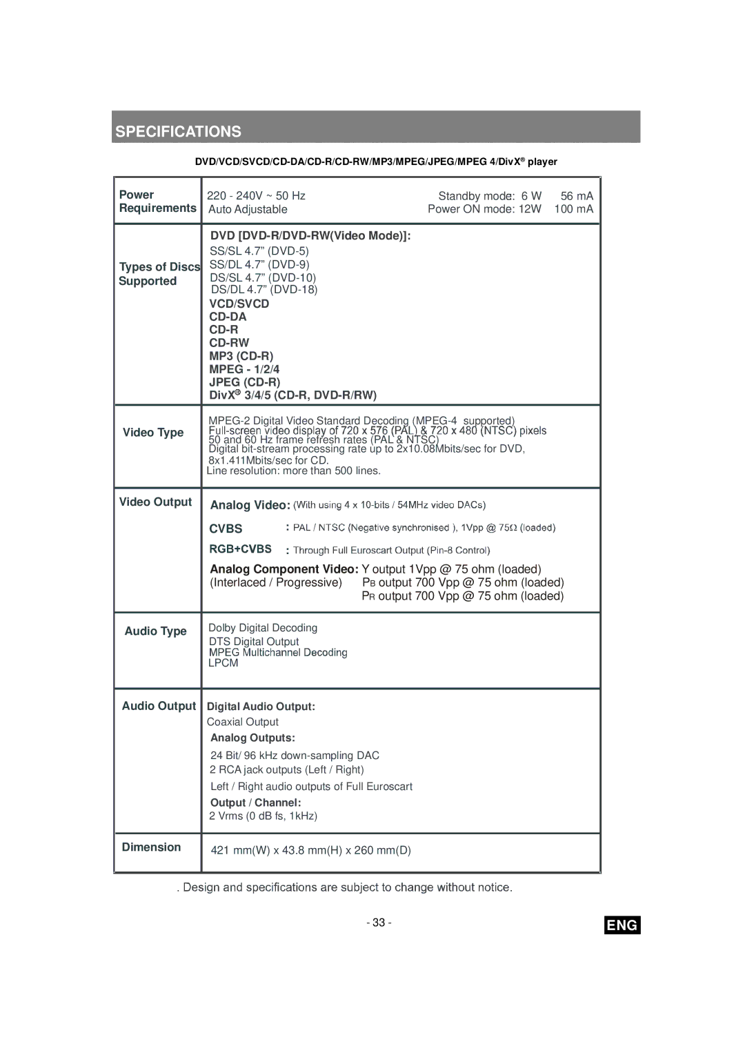 Toshiba SD-260E ES manual Specifications, Jpeg CD-R 