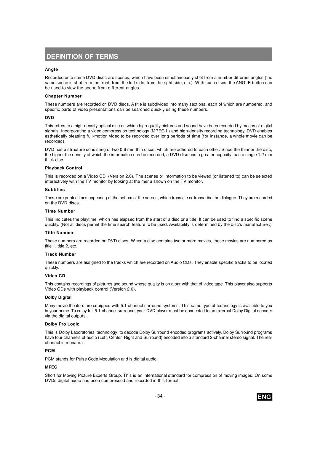 Toshiba SD-260E ES manual Definition of Terms 