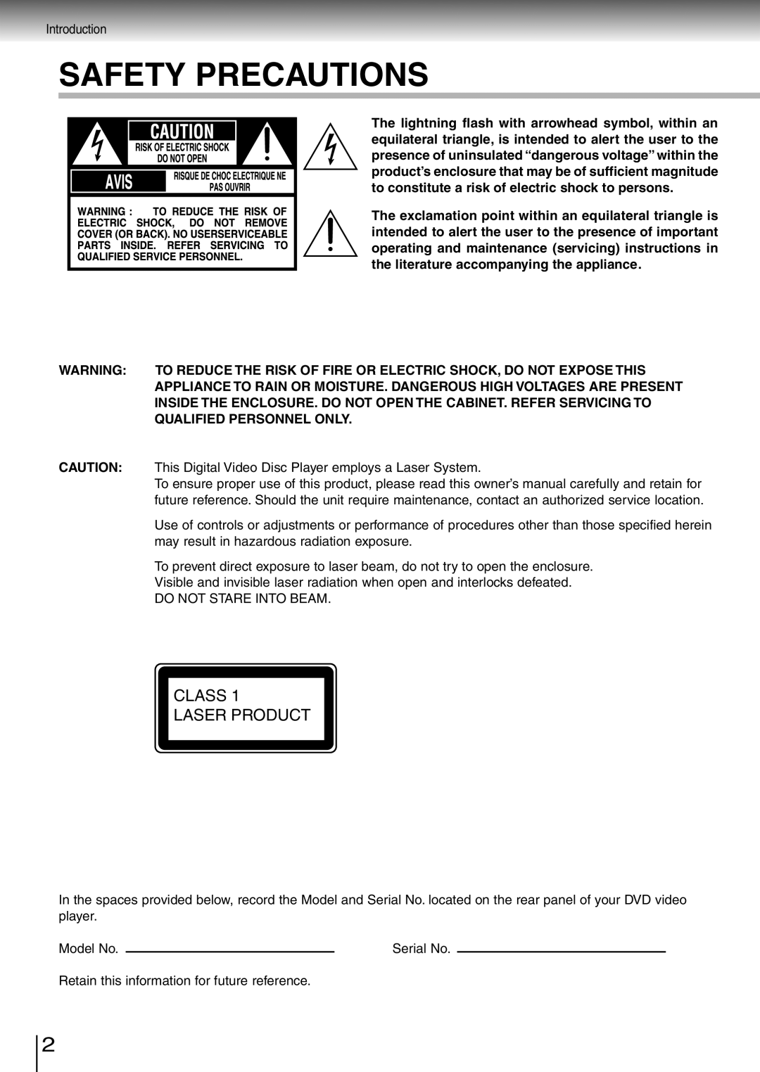 Toshiba SD-260SA manual This Digital Video Disc Player employs a Laser System, May result in hazardous radiation exposure 