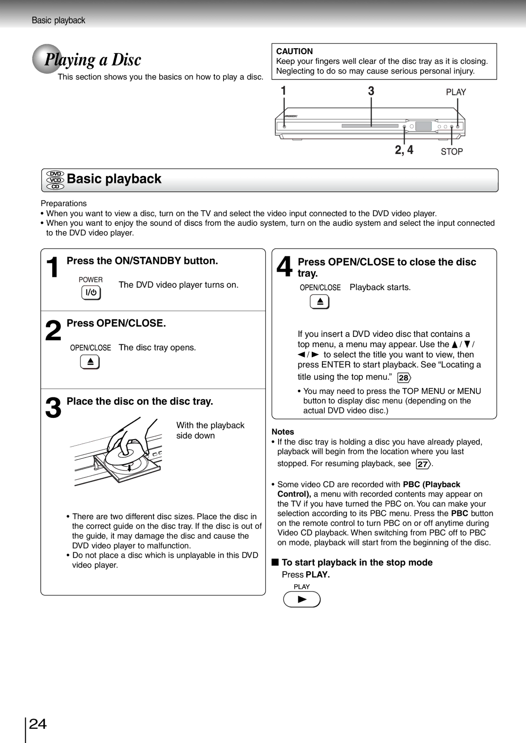 Toshiba SD-260SA, SD-260SV, SD-260SY manual Playing a Disc, Basic playback 