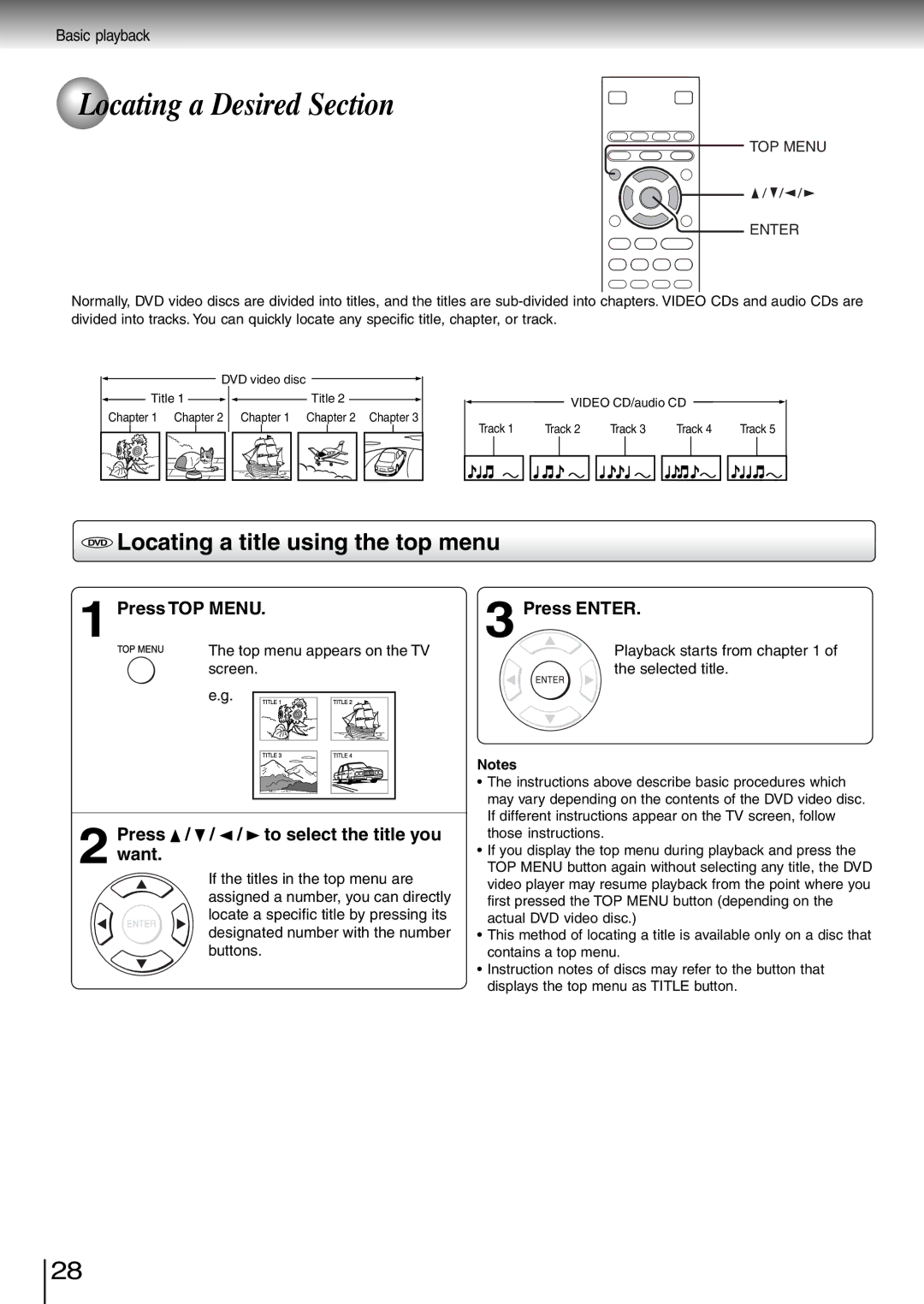 Toshiba SD-260SV manual Locating a Desired Section, DVD Locating a title using the top menu, Press TOP Menu, Press Enter 