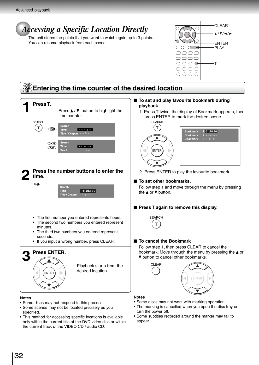 Toshiba SD-260SV manual Accessing a Specific Location Directly, Entering the time counter of the desired location, Press T 