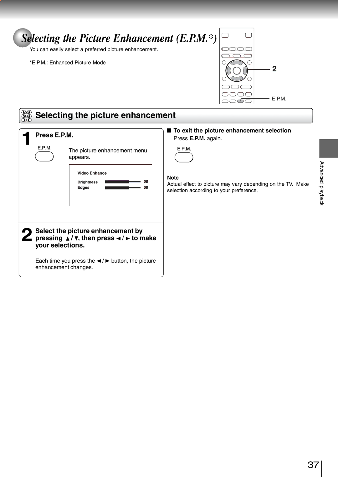 Toshiba SD-260SA, SD-260SV manual Selecting the Picture Enhancement E.P.M, Selecting the picture enhancement, Press E.P.M 