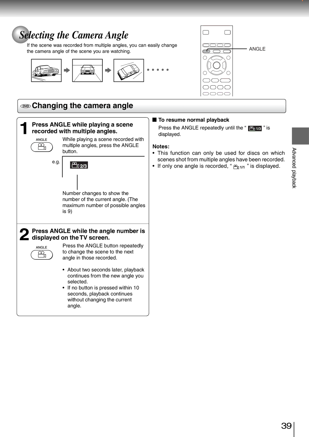 Toshiba SD-260SY, SD-260SV, SD-260SA manual Selecting the Camera Angle, Changing the camera angle 