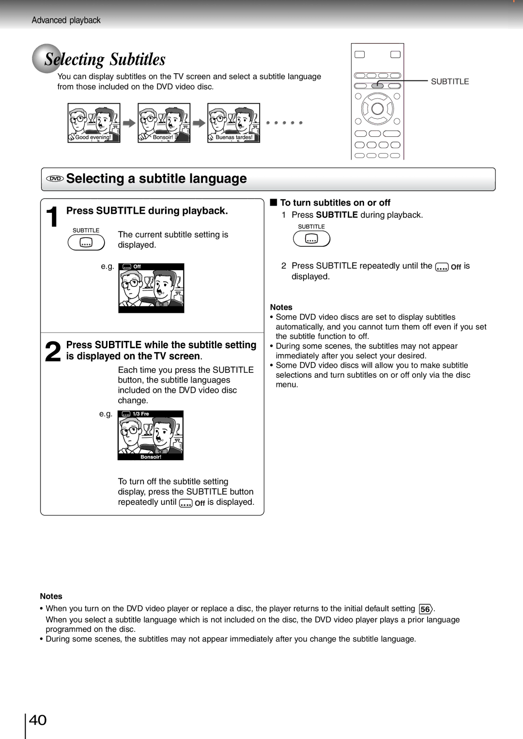 Toshiba SD-260SA, SD-260SV, SD-260SY Selecting Subtitles, DVD Selecting a subtitle language, Press Subtitle during playback 