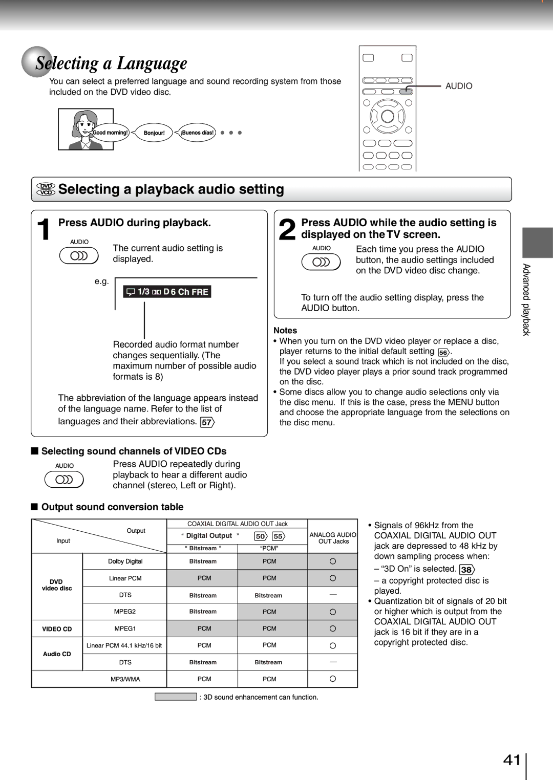 Toshiba SD-260SV, SD-260SY, SD-260SA Selecting a Language, Selecting a playback audio setting, Press Audio during playback 