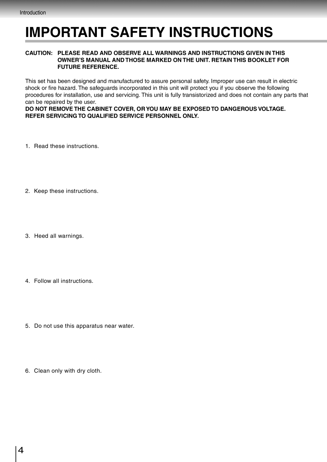 Toshiba SD-260SY, SD-260SV, SD-260SA manual Important Safety Instructions 