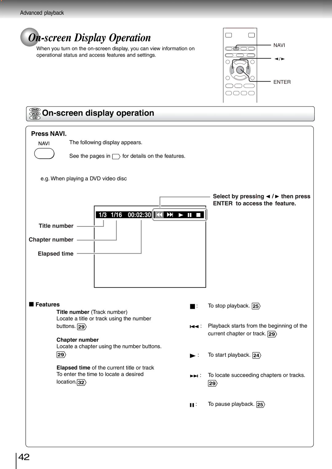 Toshiba SD-260SY, SD-260SV On-screen Display Operation, On-screen display operation, Press Navi, Features, Chapter number 