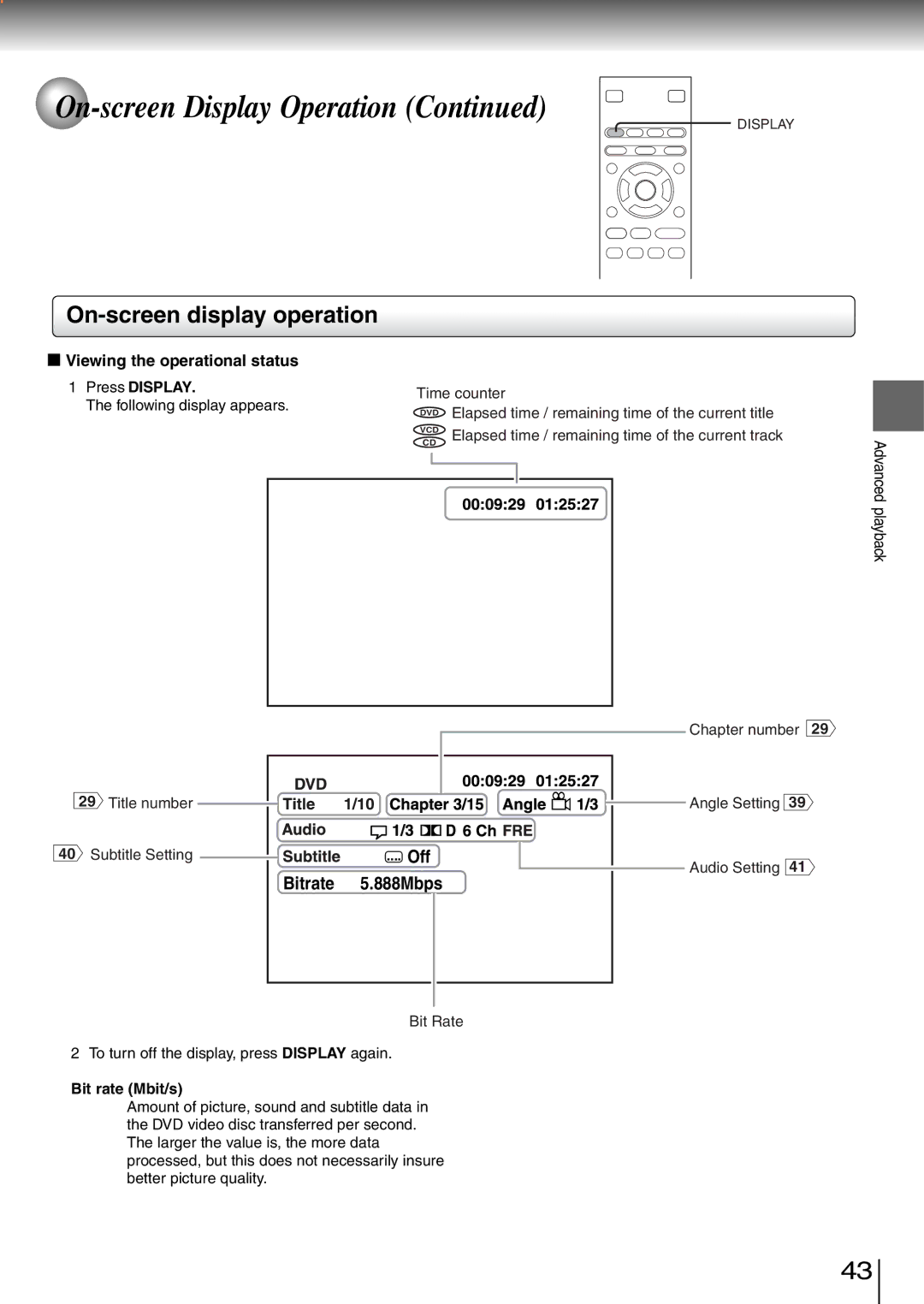 Toshiba SD-260SA, SD-260SV, SD-260SY manual Viewing the operational status, Bit rate Mbit/s 