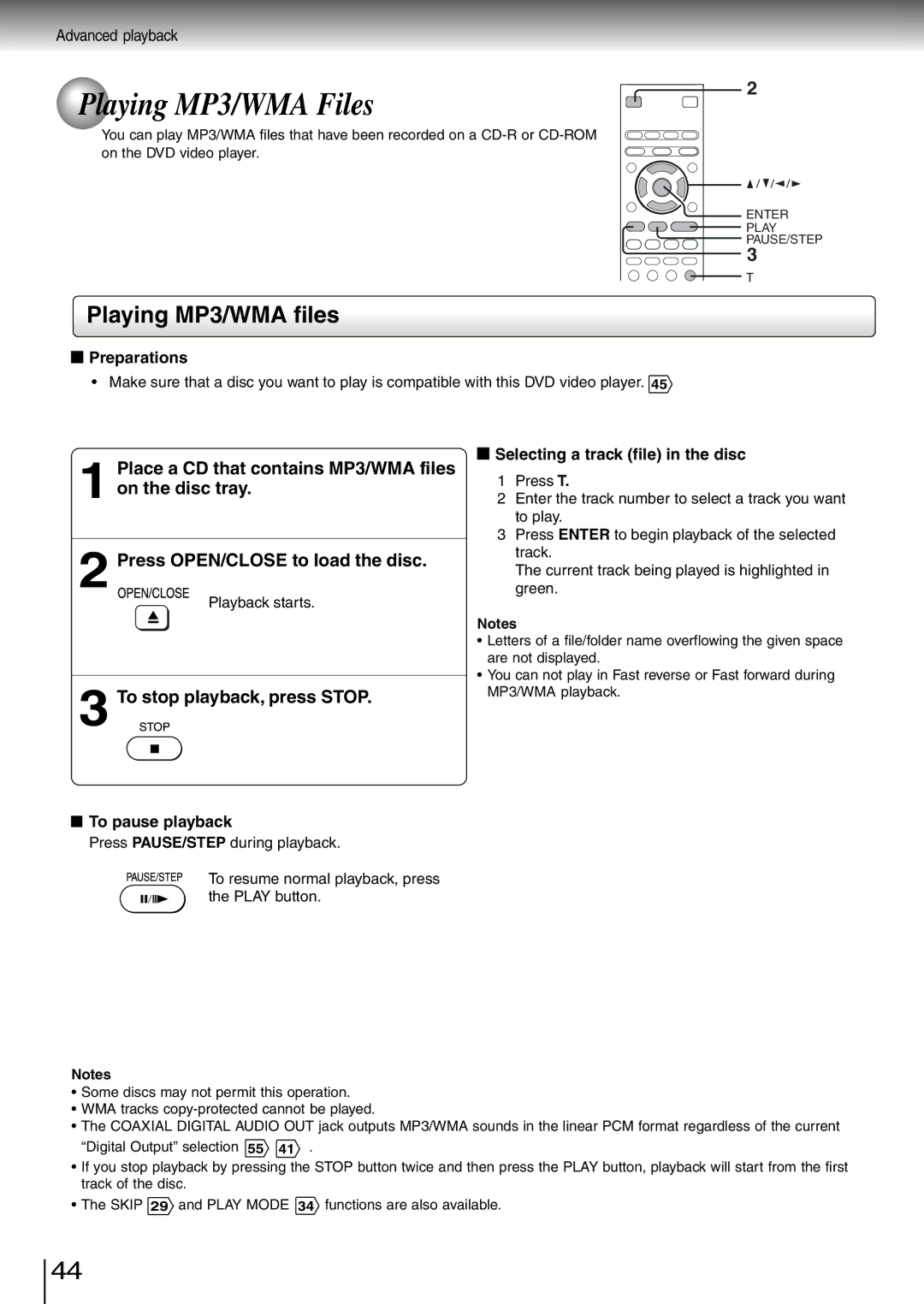 Toshiba SD-260SV, SD-260SY, SD-260SA manual Playing MP3/WMA files, Place a CD that contains MP3/WMA files, On the disc tray 