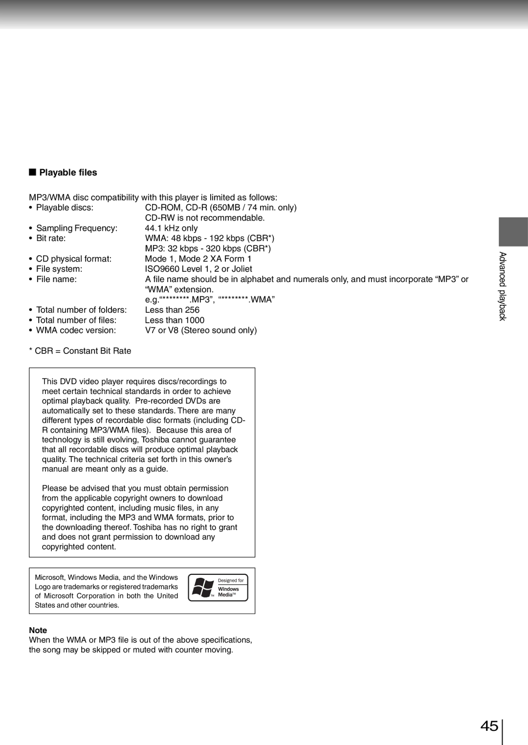 Toshiba SD-260SY, SD-260SV, SD-260SA manual Playable files 