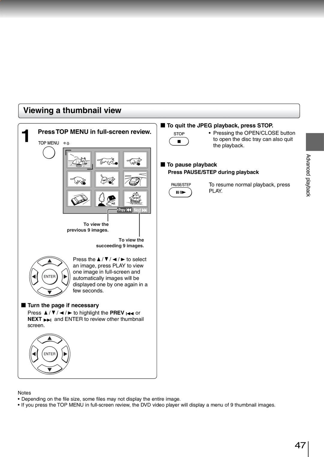 Toshiba SD-260SV, SD-260SY manual Viewing a thumbnail view, Press TOP Menu in full-screen review, Turn the page if necessary 