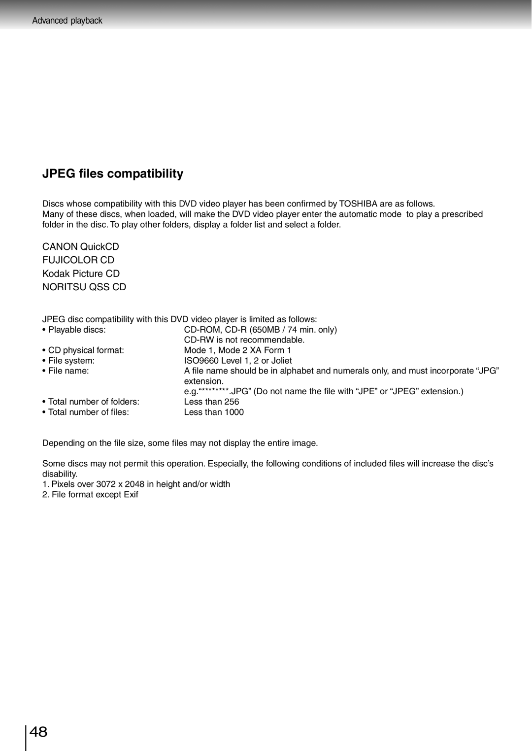 Toshiba SD-260SY, SD-260SV, SD-260SA manual Jpeg files compatibility 