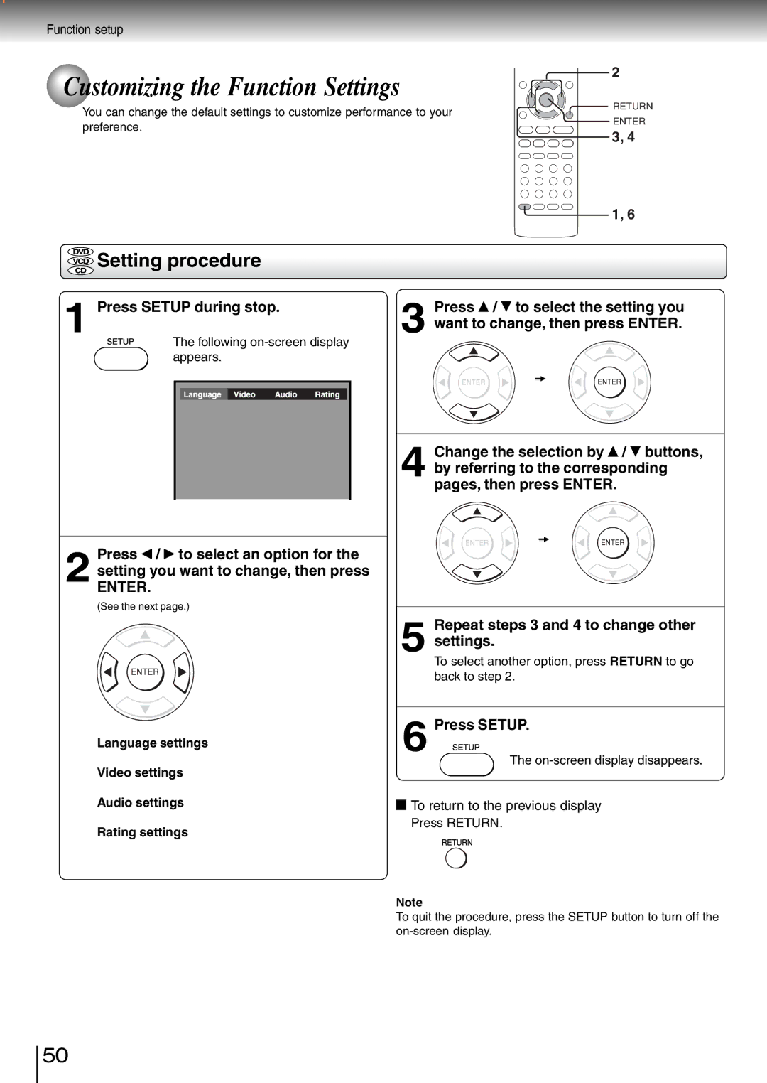 Toshiba SD-260SV manual Customizing the Function Settings, Setting procedure, Repeat steps 3 and 4 to change other Settings 