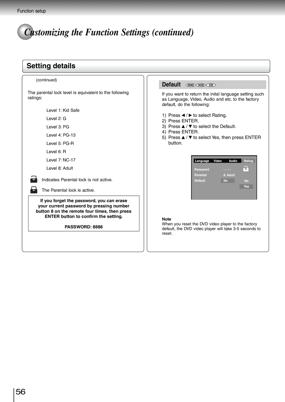 Toshiba SD-260SV, SD-260SY, SD-260SA manual Default 