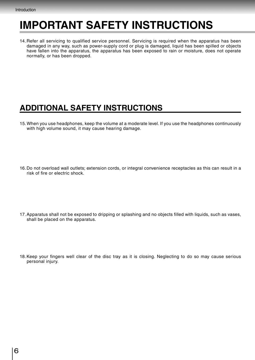 Toshiba SD-260SV, SD-260SY, SD-260SA manual Additional Safety Instructions 