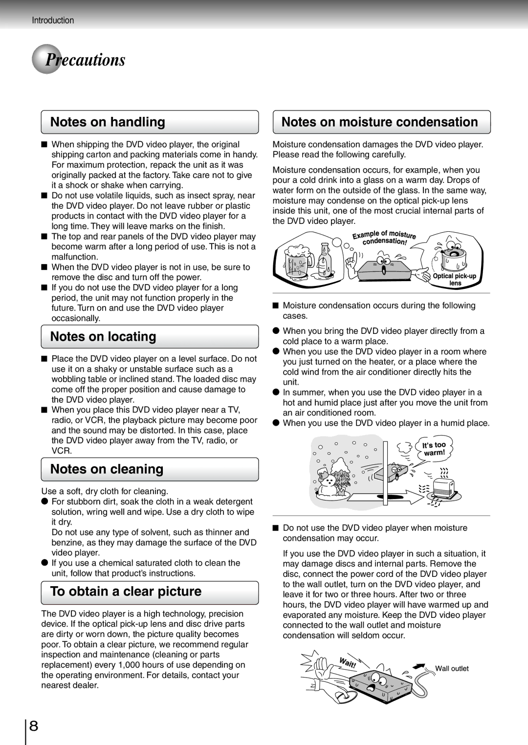 Toshiba SD-260SA, SD-260SV, SD-260SY manual Precautions, To obtain a clear picture 