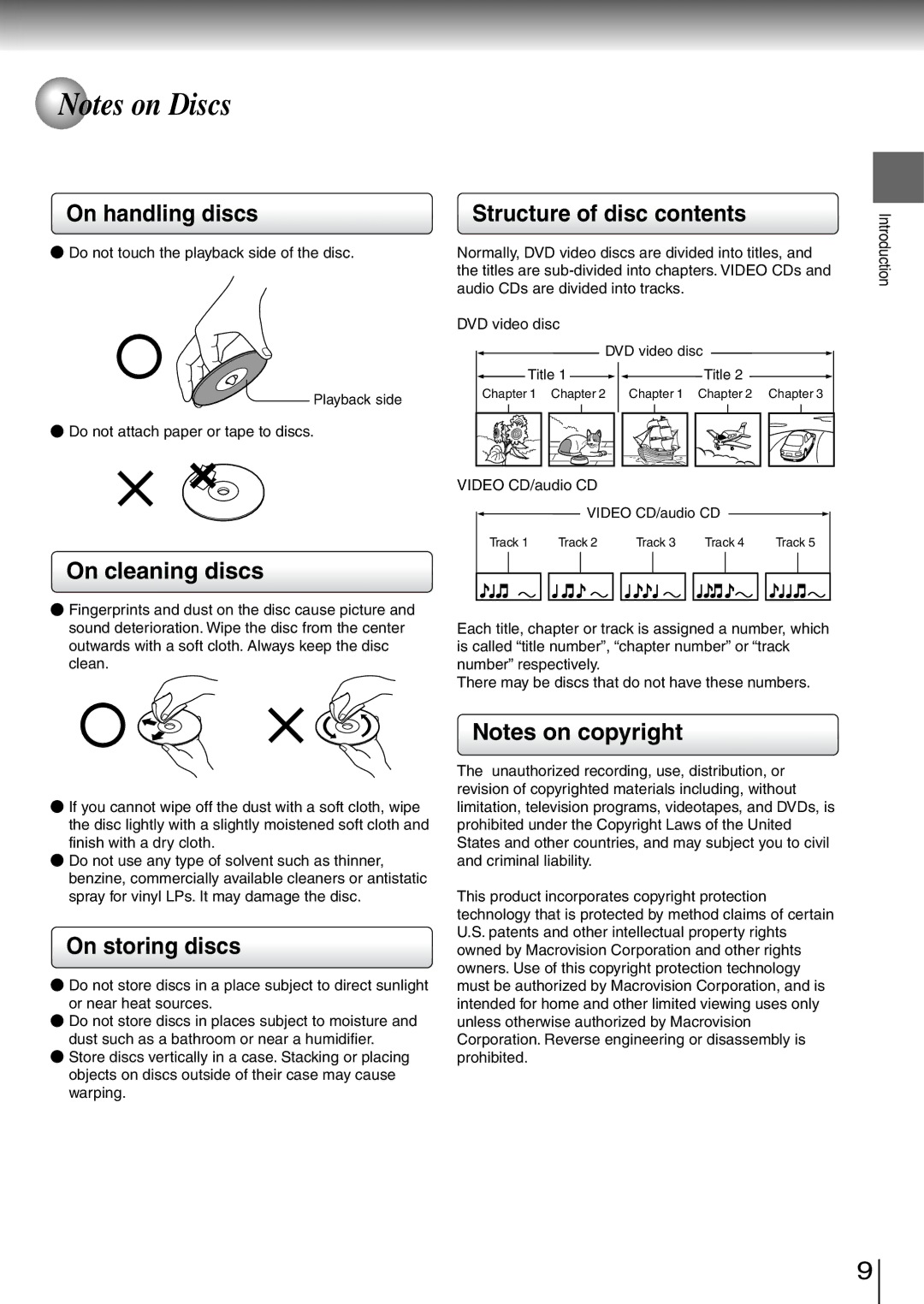 Toshiba SD-260SV, SD-260SY, SD-260SA On handling discs, On cleaning discs, Structure of disc contents, On storing discs 