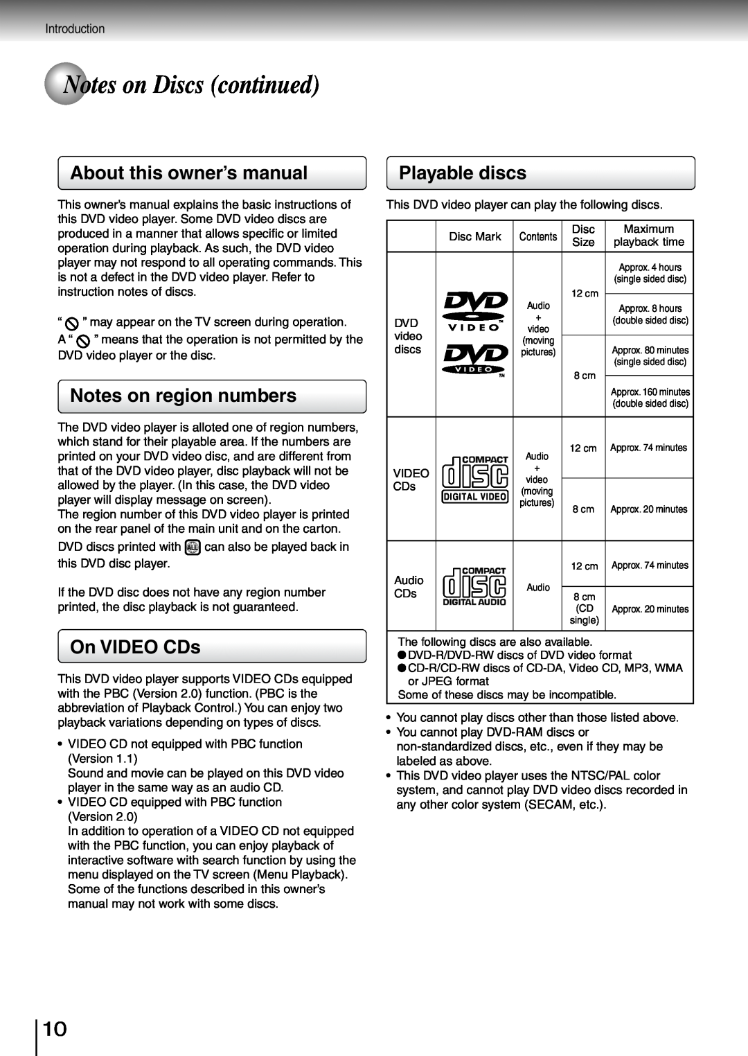 Toshiba SD-260SY, SD-260SV Notes on Discs continued, About this owner’s manual, Notes on region numbers, On VIDEO CDs 