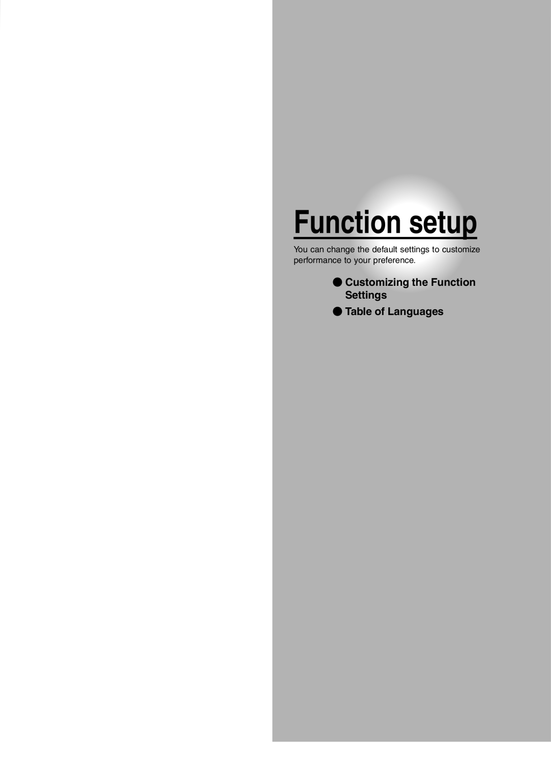 Toshiba SD-260SA, SD-260SV, SD-260SY manual Function setup, Customizing the Function Settings Table of Languages 