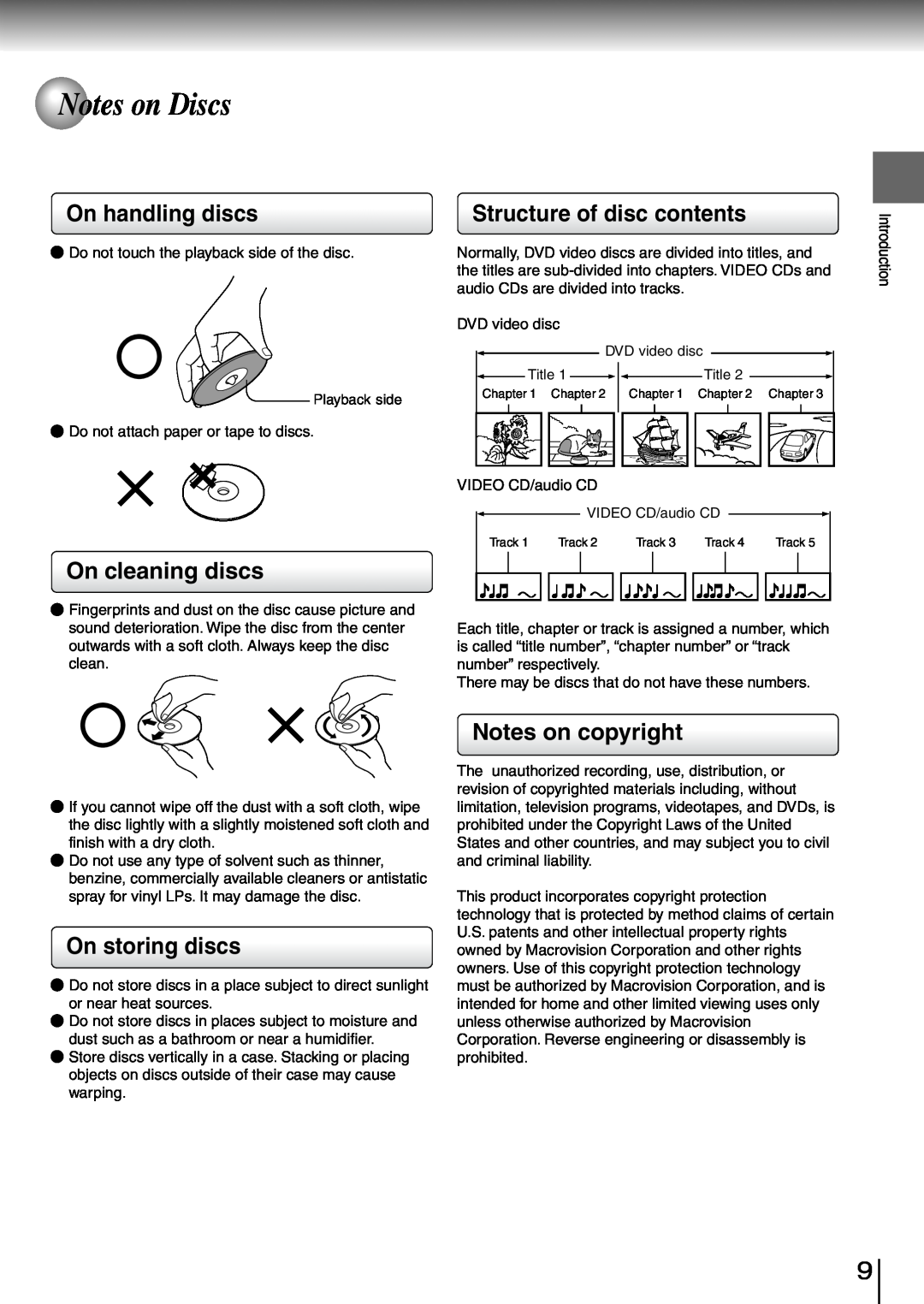 Toshiba SD-260SV manual Notes on Discs, On handling discs, On cleaning discs, Structure of disc contents, On storing discs 