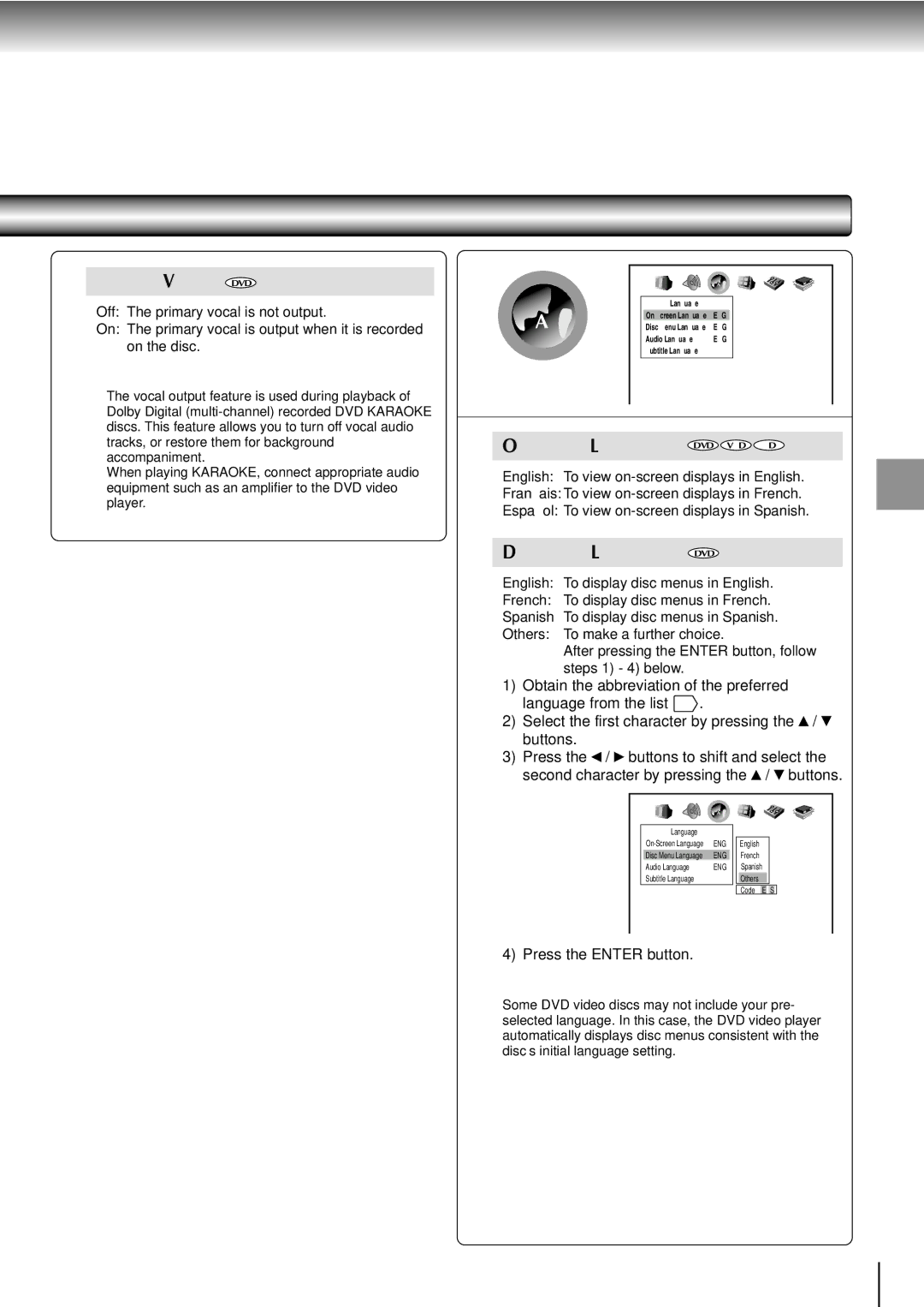 Toshiba SD-2710 manual Karaoke Vocal DVD, Press the Enter button 