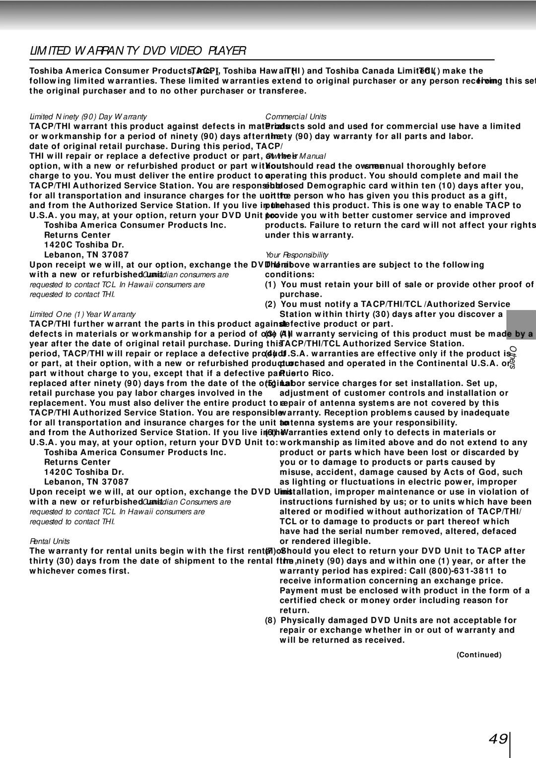 Toshiba SD-2710 manual Limited Ninety 90 Day Warranty, Limited One 1 Year Warranty, Rental Units, Commercial Units, Others 