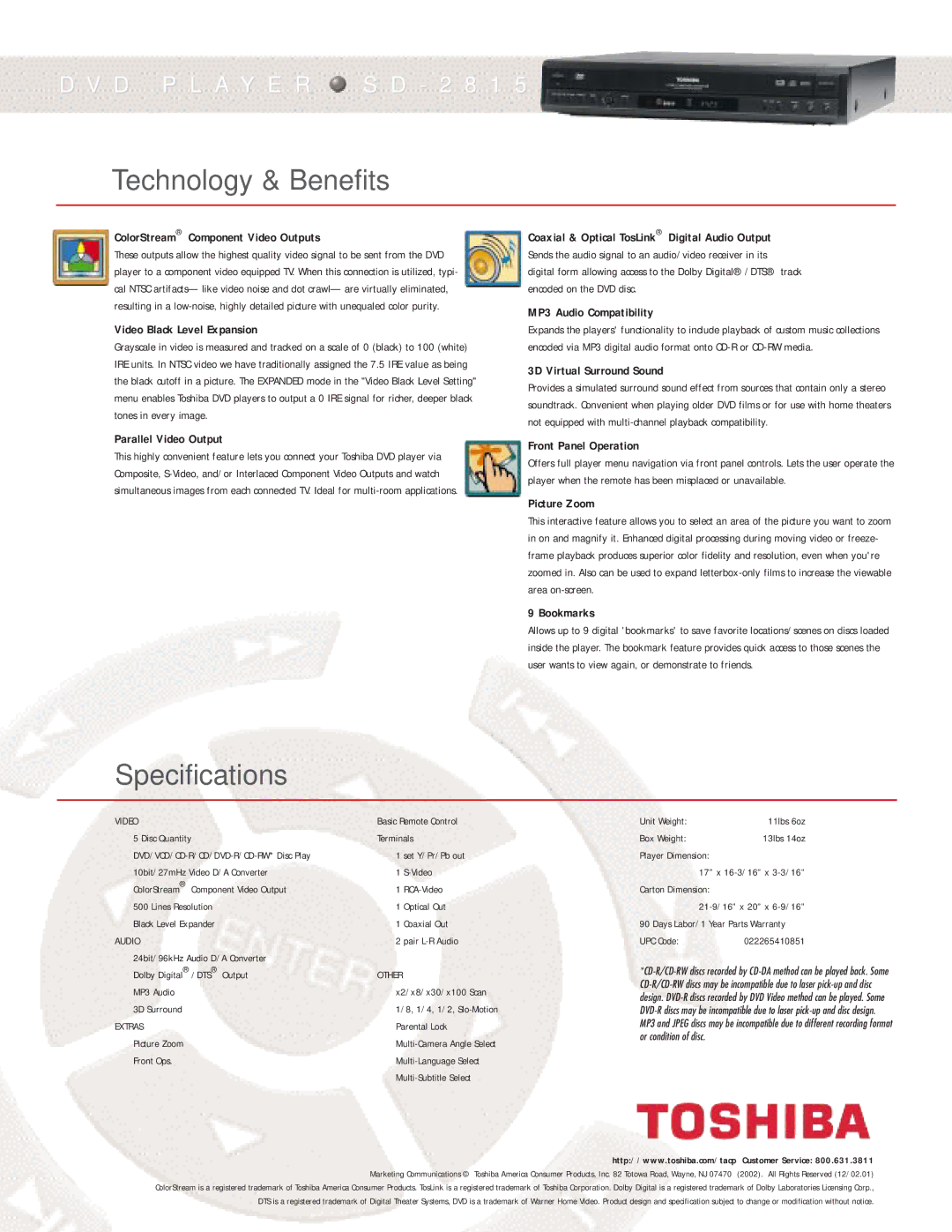 Toshiba SD-2815 manual Technology & Benefits, Specifications 