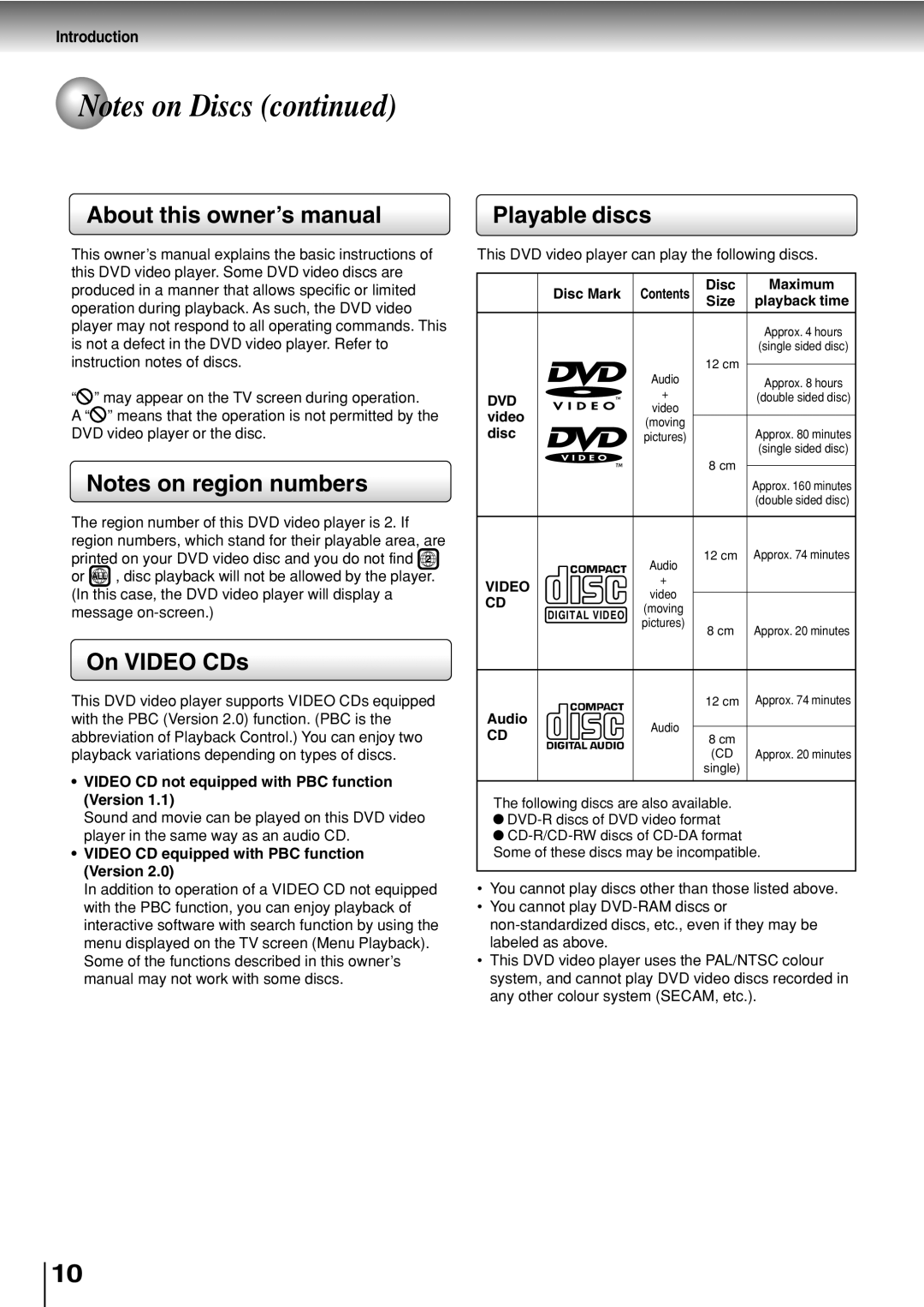 Toshiba SD-330ESB manual On Video CDs, Playable discs 