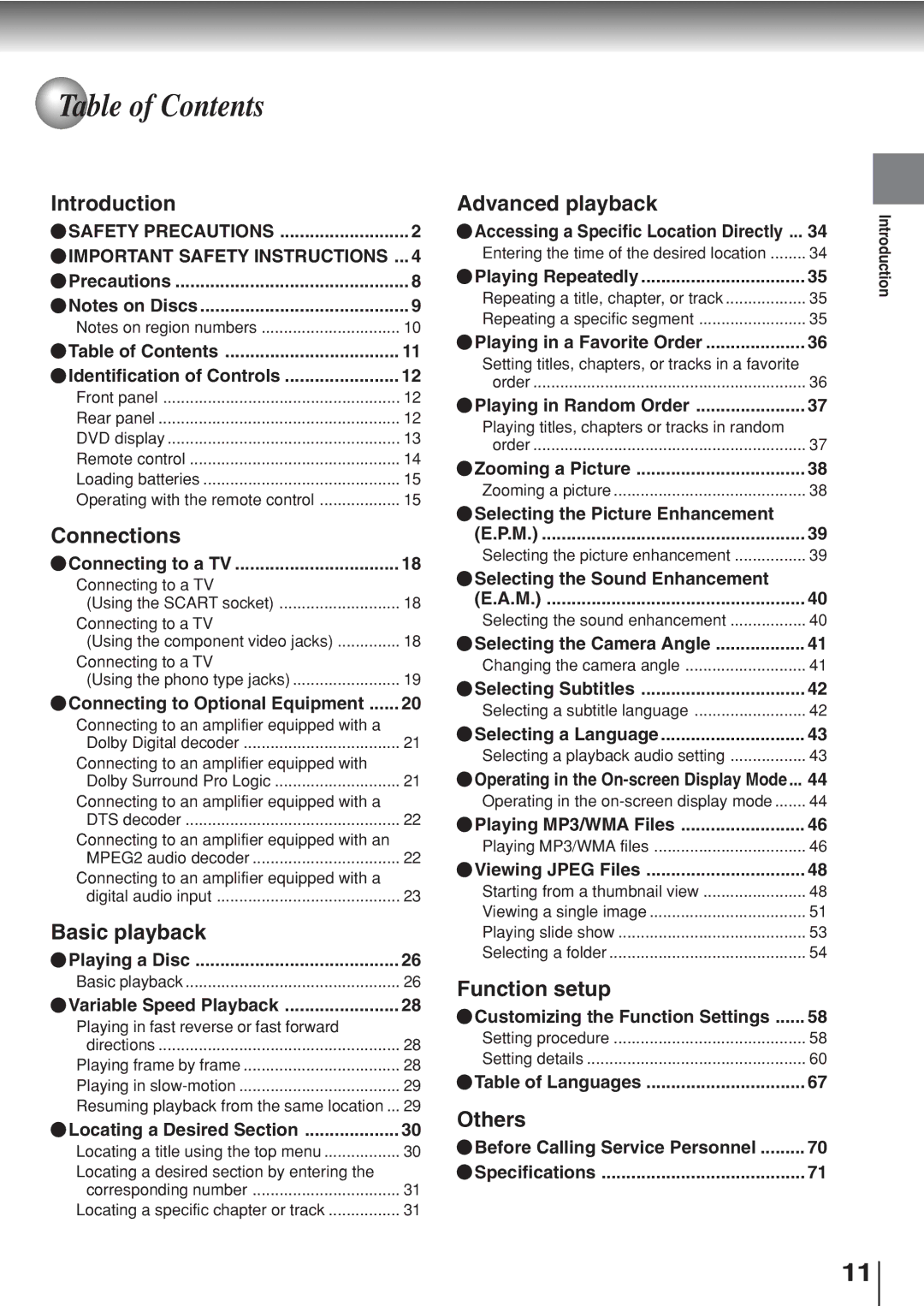 Toshiba SD-330ESB manual Table of Contents 