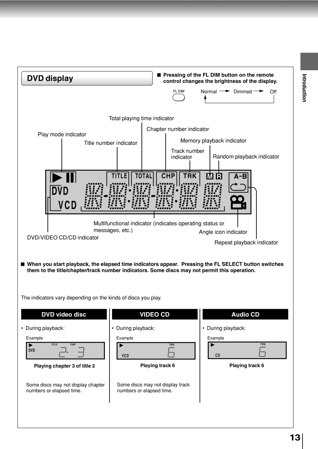 Toshiba SD-330ESB manual DVD display, Pressing of the FL DIM button on the remote, Playing of title, Playing track 