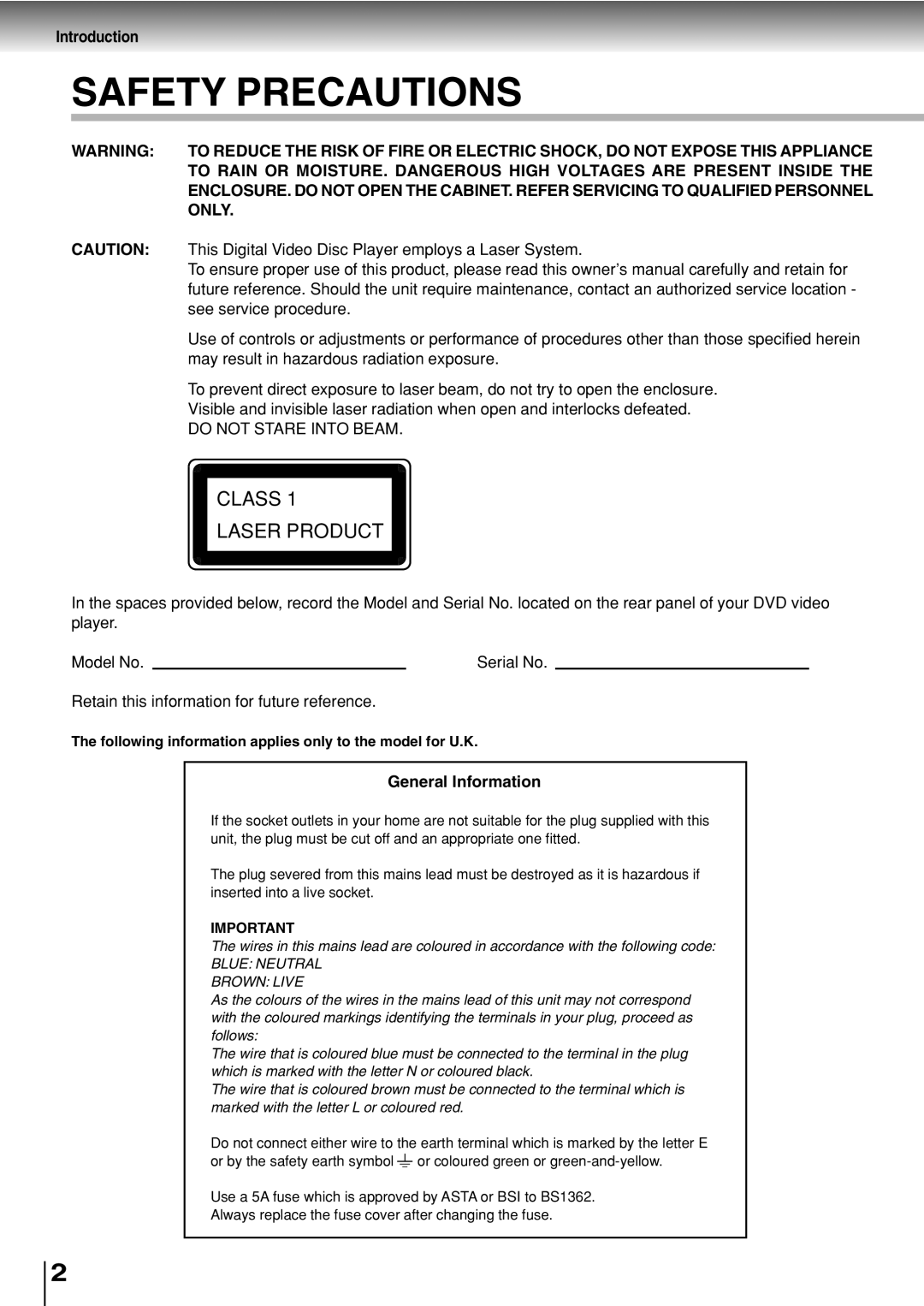 Toshiba SD-330ESB manual Introduction, General Information, Following information applies only to the model for U.K 