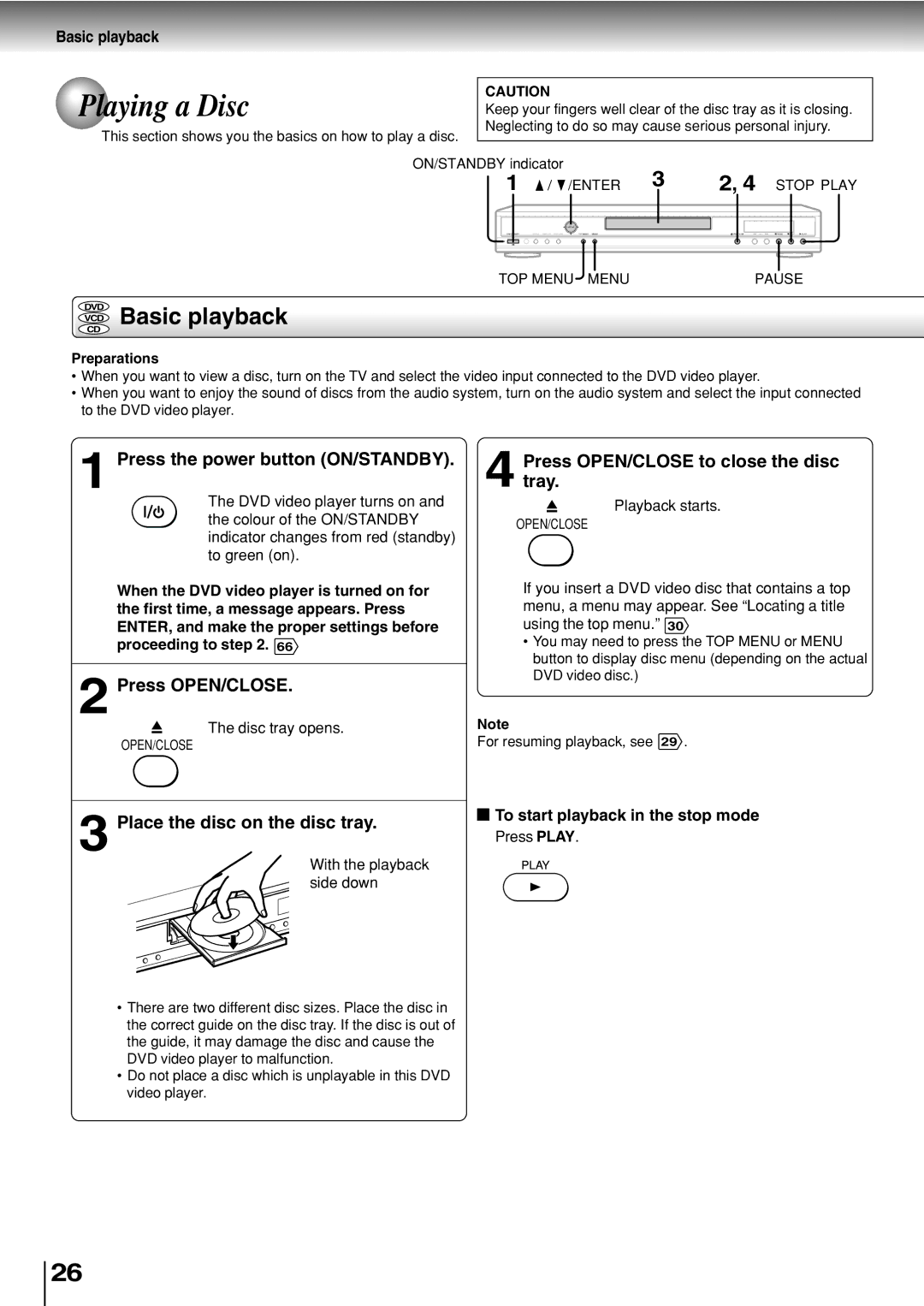 Toshiba SD-330ESB manual Playing a Disc, Basic playback 