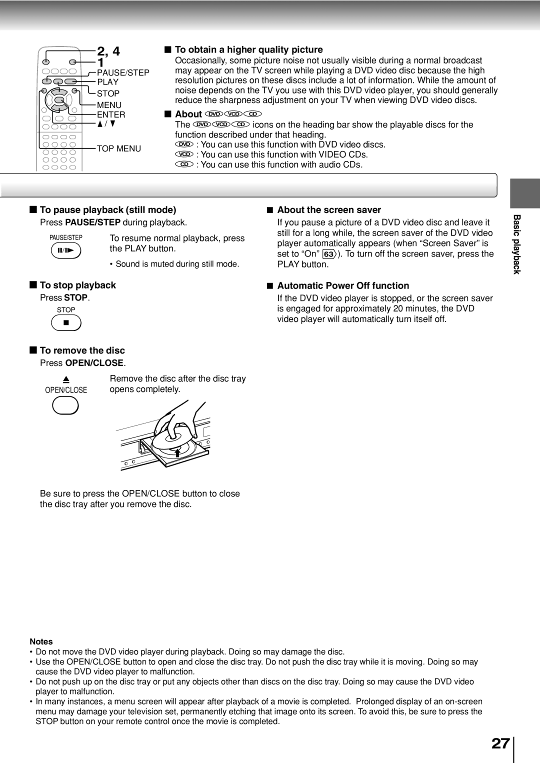 Toshiba SD-330ESB To obtain a higher quality picture, To pause playback still mode, To stop playback, To remove the disc 