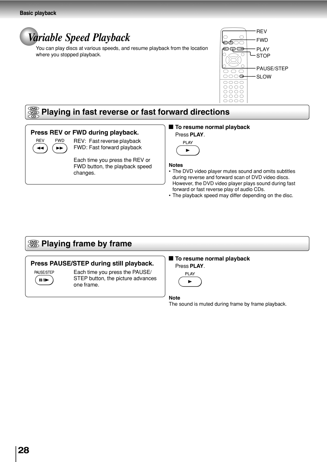 Toshiba SD-330ESB manual Variable Speed Playback, VCD Playing in fast reverse or fast forward directions 