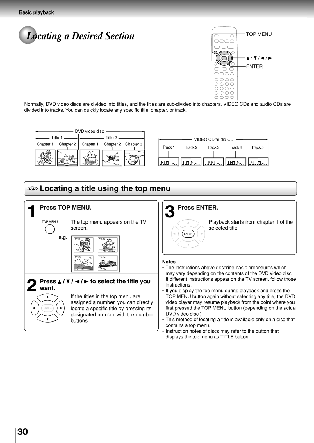 Toshiba SD-330ESB manual Locating a Desired Section, DVD Locating a title using the top menu, Press TOP Menu, Press Enter 