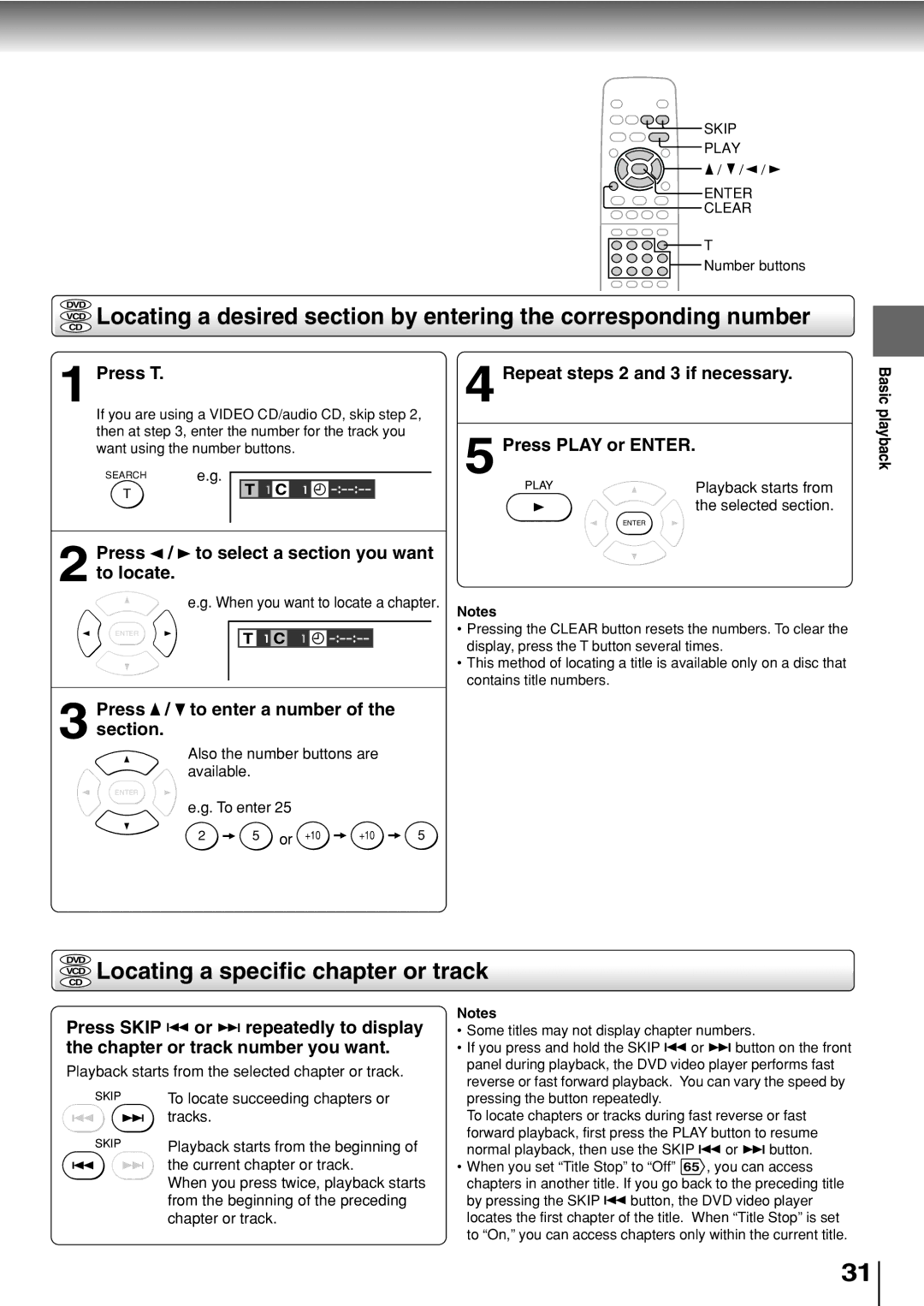 Toshiba SD-330ESB manual VCD Locating a specific chapter or track, Press / to enter a number of the section 