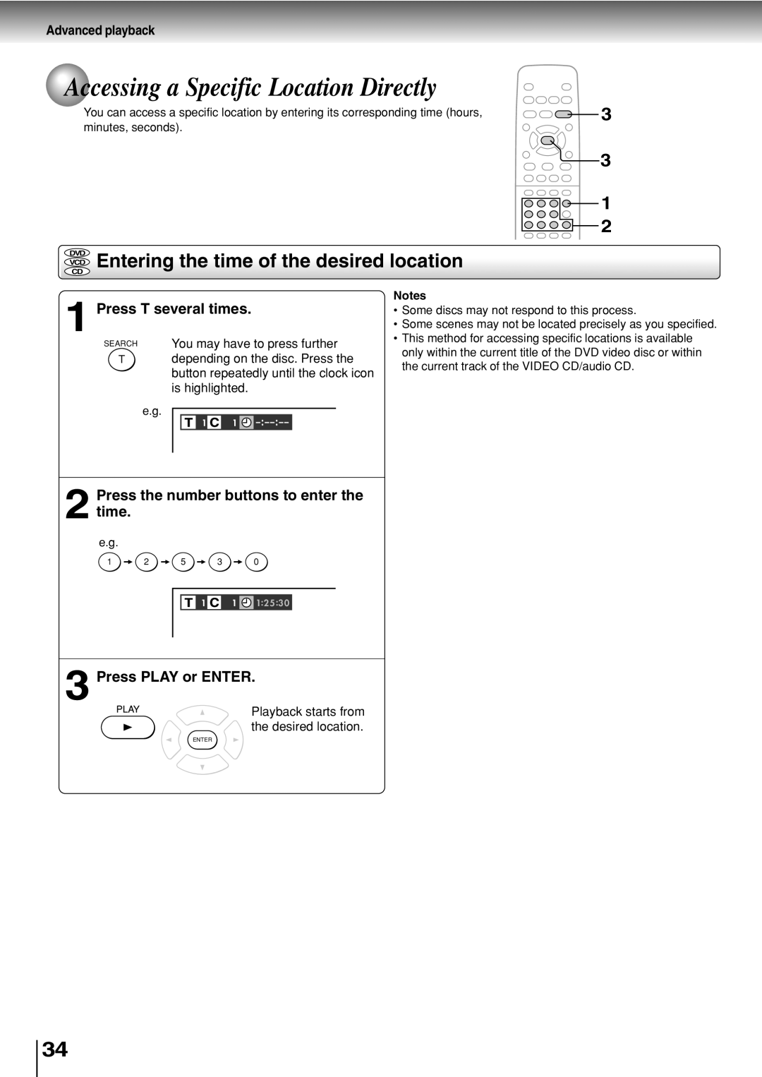 Toshiba SD-330ESB Accessing a Specific Location Directly, Entering the time of the desired location, Press T several times 