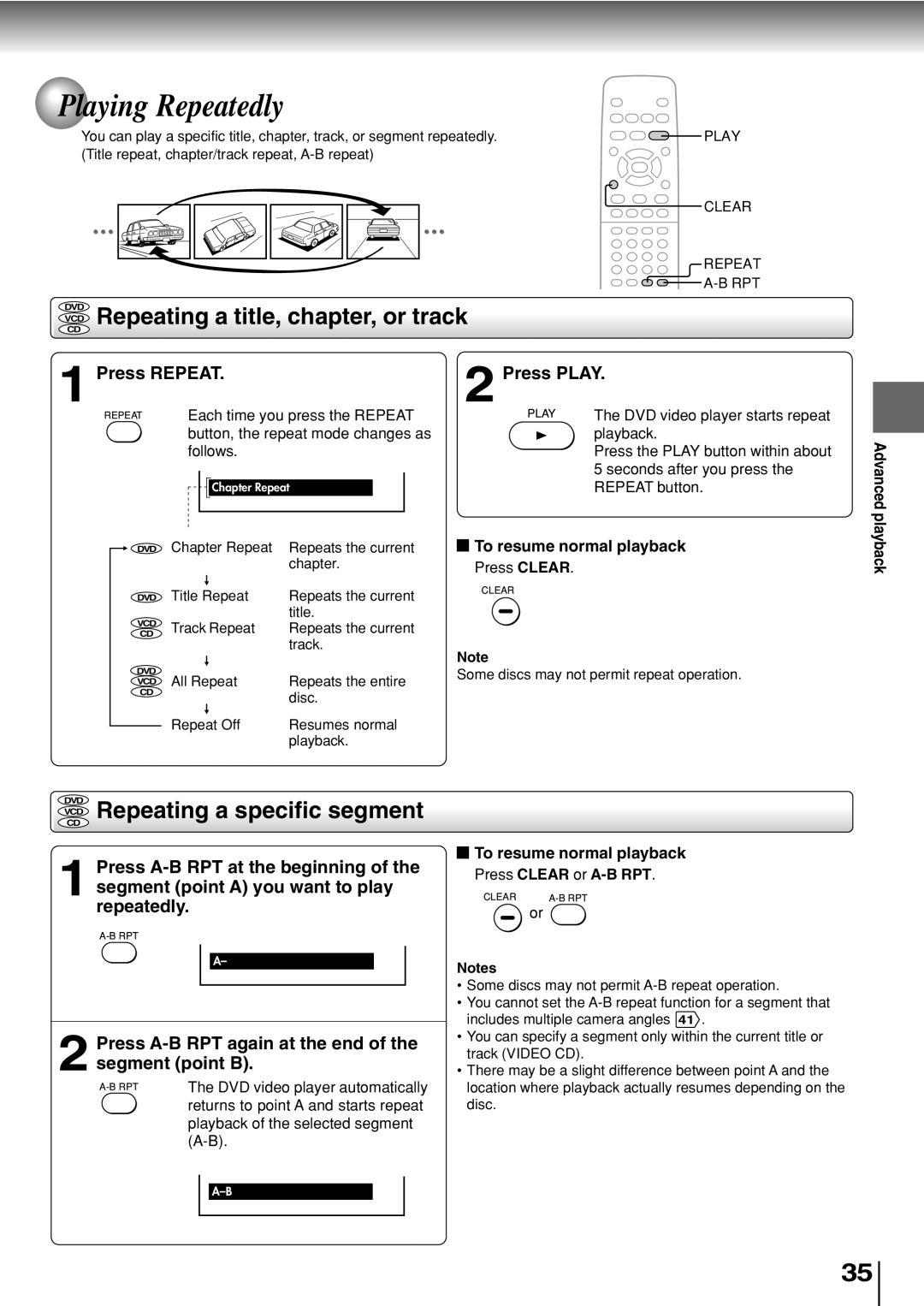 Toshiba SD-330ESB Playing Repeatedly, VCD Repeating a title, chapter, or track, Repeating a specific segment, Press Repeat 