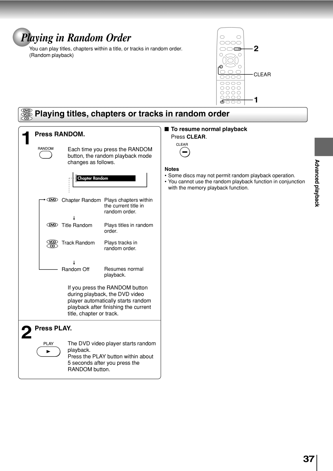 Toshiba SD-330ESB manual Playing in Random Order, Playing titles, chapters or tracks in random order, Press Random 