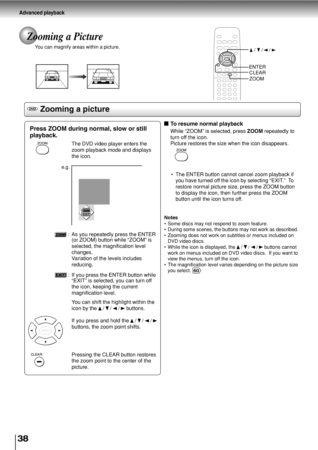 Toshiba SD-330ESB manual Zooming a Picture, DVD Zooming a picture, Press Zoom during normal, slow or still playback 