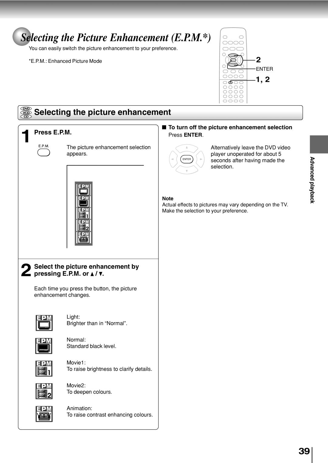 Toshiba SD-330ESB manual Selecting the Picture Enhancement E.P.M, Selecting the picture enhancement, Press E.P.M 