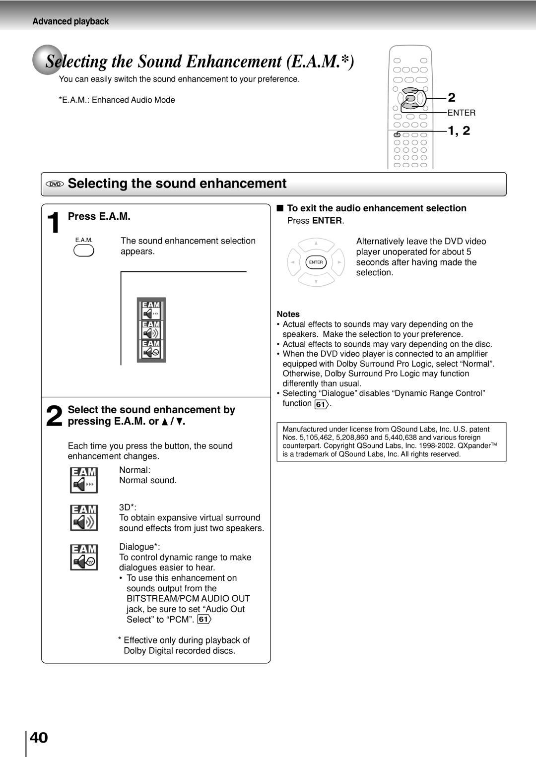 Toshiba SD-330ESB manual Selecting the Sound Enhancement E.A.M, DVD Selecting the sound enhancement, Press E.A.M 