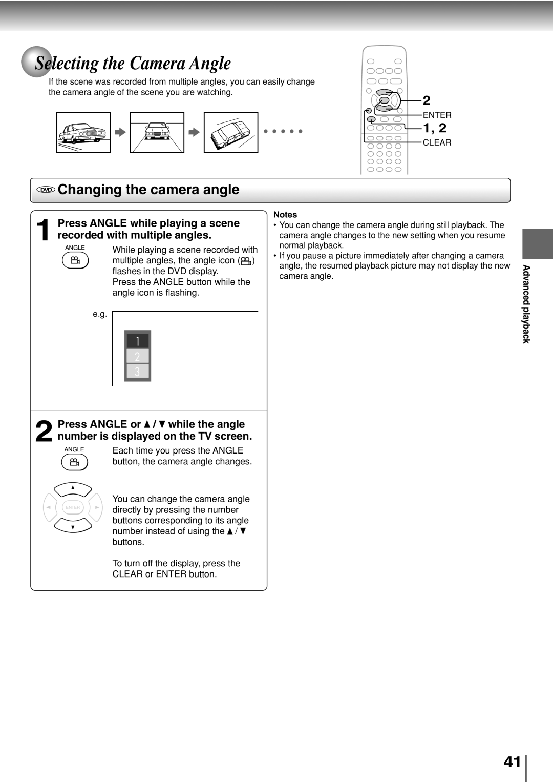 Toshiba SD-330ESB manual Changing the camera angle, Selecting the Camera Angle 