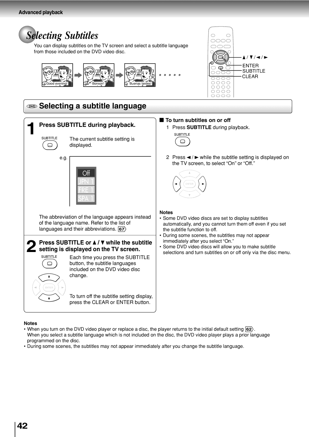 Toshiba SD-330ESB manual Selecting a subtitle language, Press Subtitle during playback 