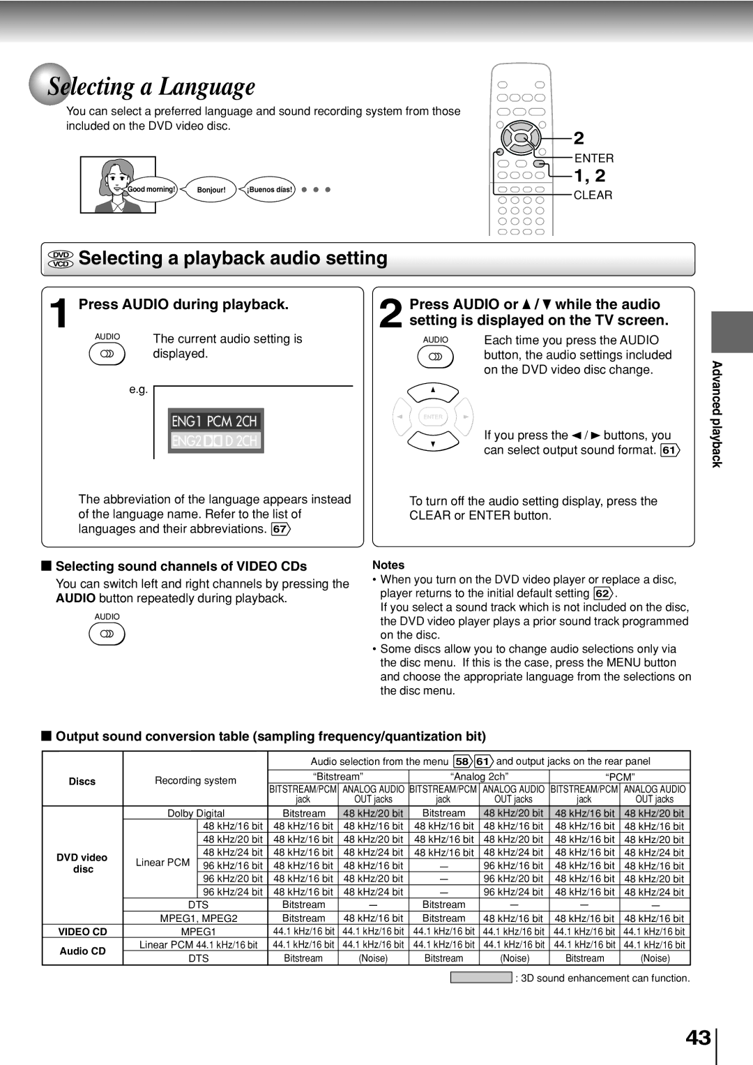 Toshiba SD-330ESB manual Selecting a Language, Vcddvd Selecting a playback audio setting, Press Audio during playback 