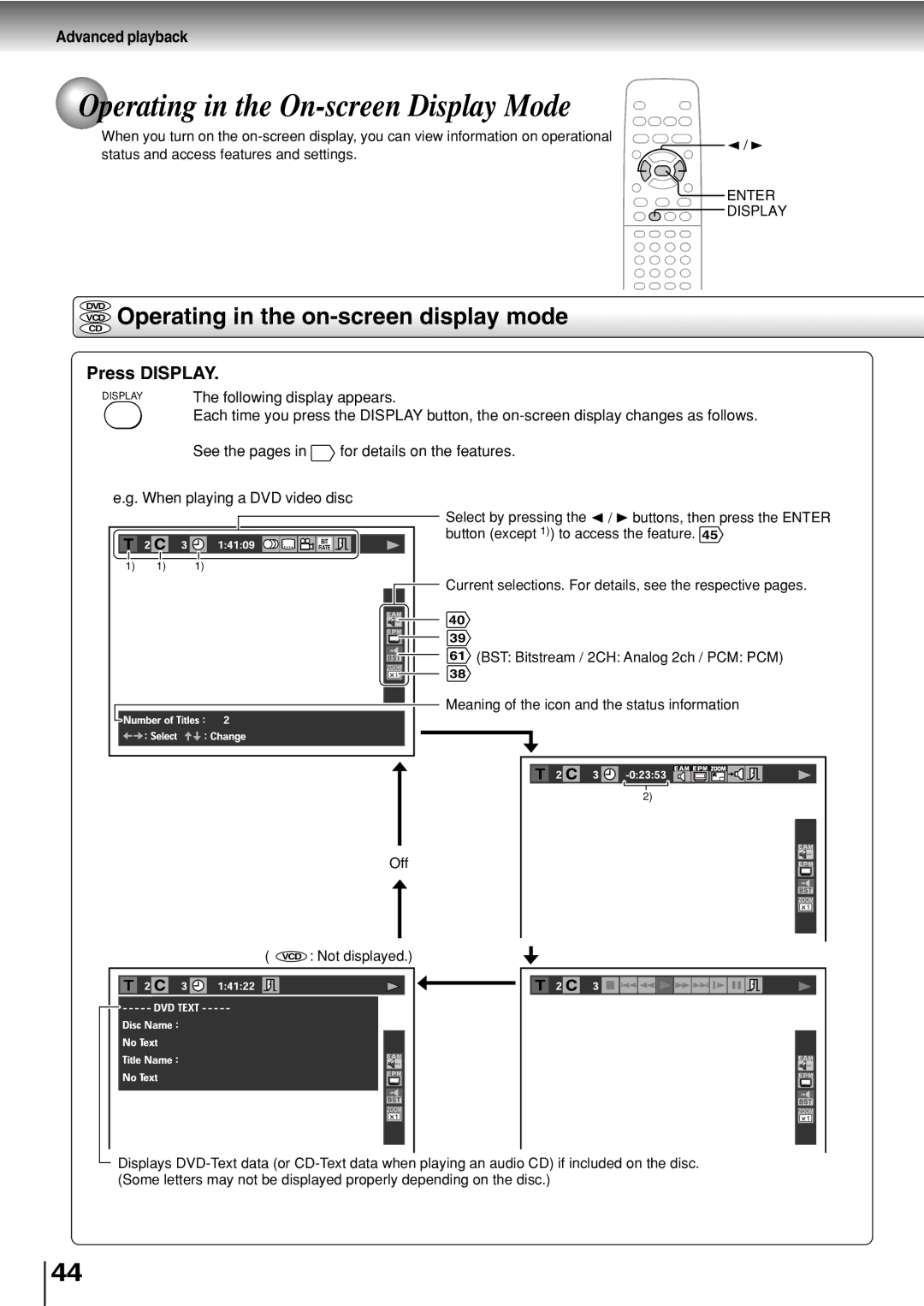 Toshiba SD-330ESB Operating in the On-screen Display Mode, VCD Operating in the on-screen display mode, Press Display 