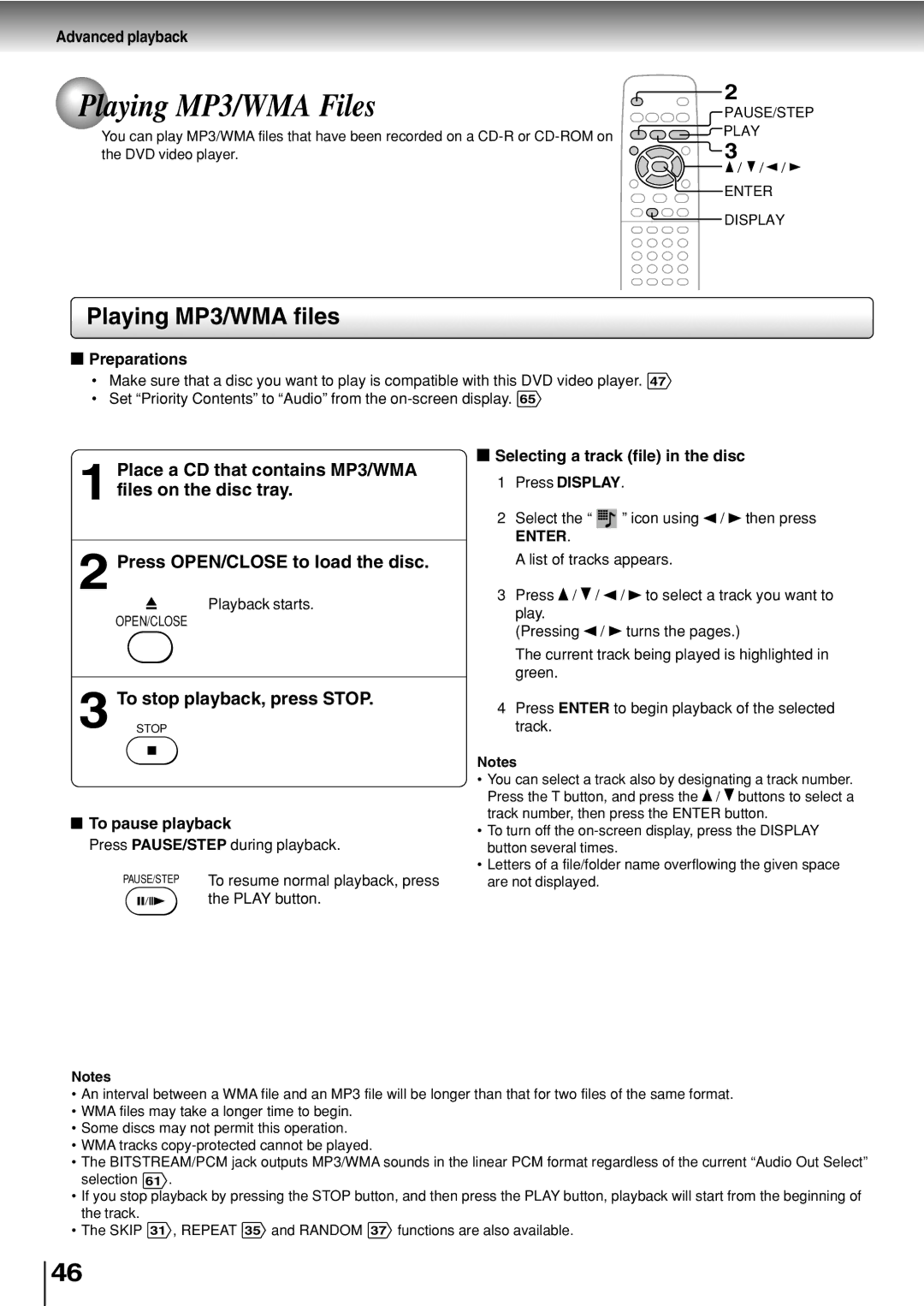 Toshiba SD-330ESB Playing MP3/WMA Files, Playing MP3/WMA files, Place a CD that contains MP3/WMA Files on the disc tray 